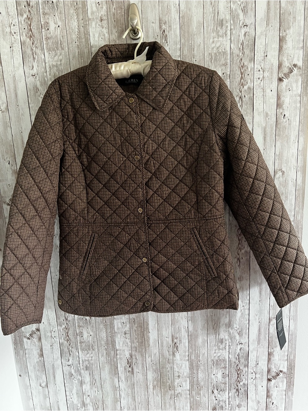 Ralph Lauren Quilted Brown Mini Check Button Down Jacket Heritage Preppy NEW Med